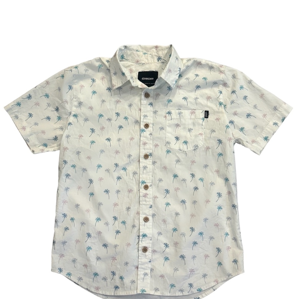 Boys woven white button up shirt with palm tree print